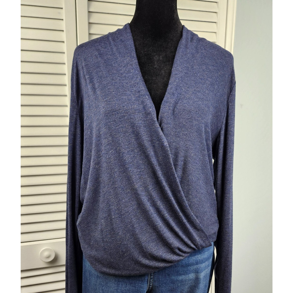Max Studio NWT Deep Blue Faux Wrap Top L Ruched Sleeve Desk to Dinner Minimalist